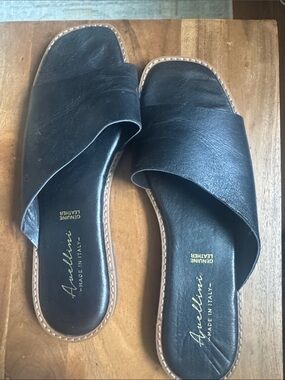Avellini Black Leather Cross-Band Slide Sandals